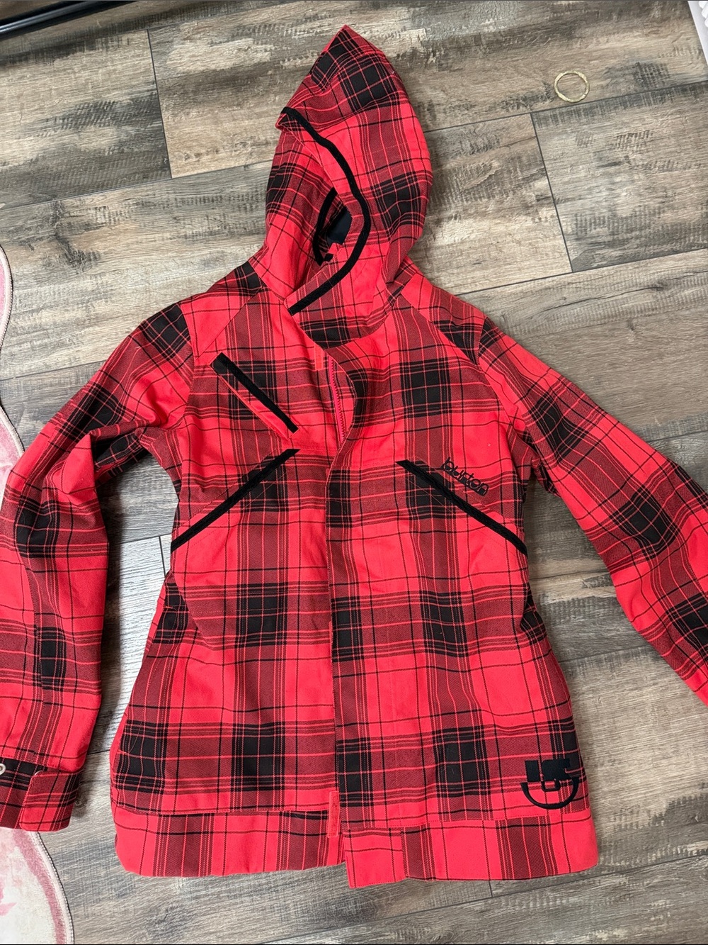 Burton Red and Black Plaid Hooded Ski Jacket